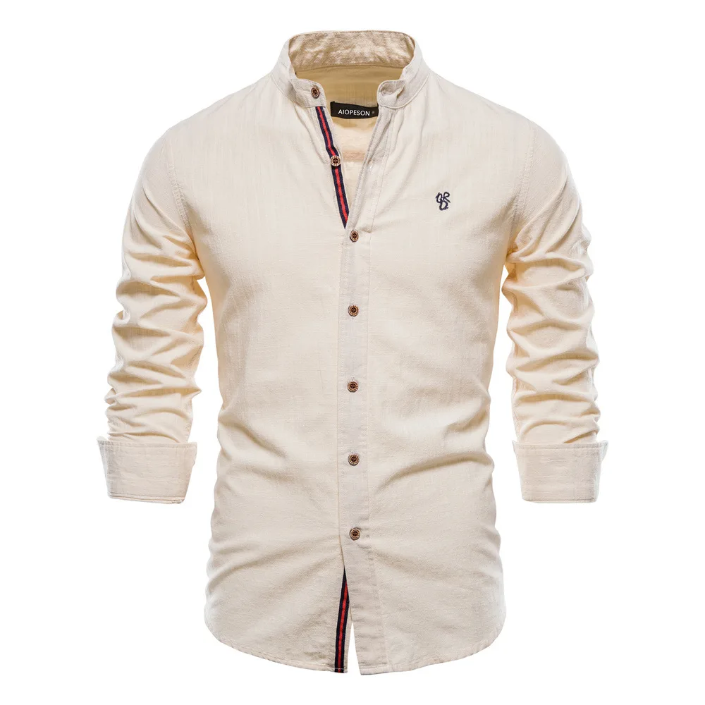 

Мужской хлопок и лен Slim Fit Busin irt, повседневный длинный све, однотонный воротник, другой дизайн, органический хлопок, нежное свечение