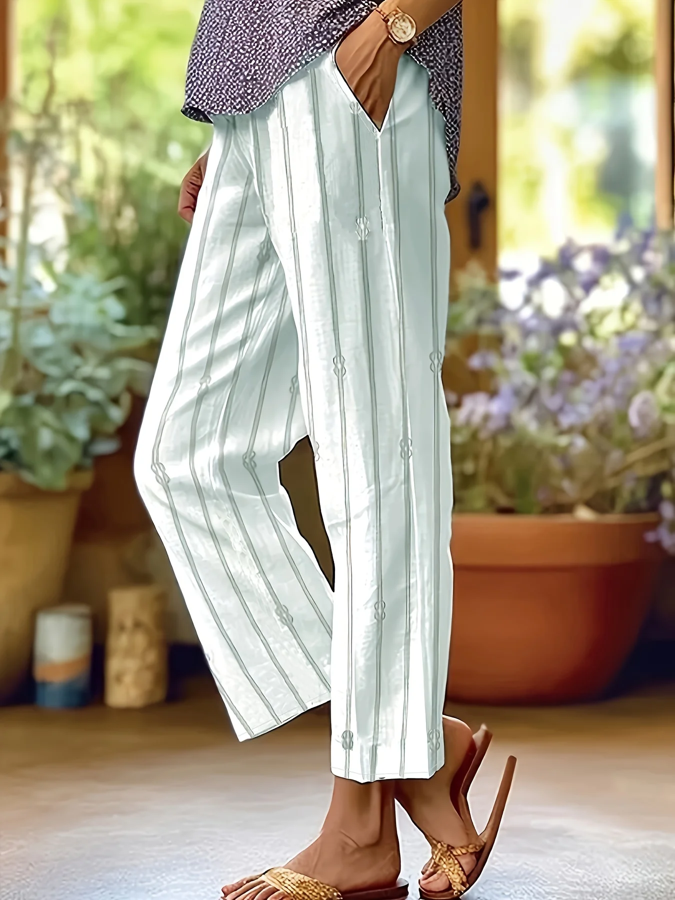 Pantaloni a gamba dritta con stampa floreale taglie forti, pantaloni Casual elastici in vita per la primavera e l'estate, abbigliamento taglie forti da donna