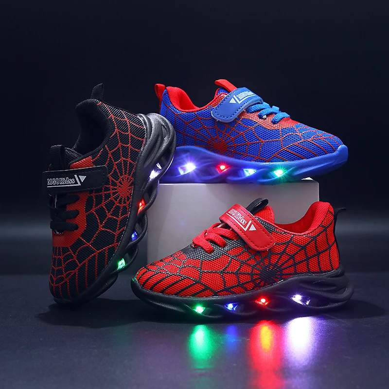 MGO Kidss Children's Children's Shoes Glow Shoes Light Shoes 2024 Spring and Autumn New Flash Shoes Fashion Spider Web Tide Shoe