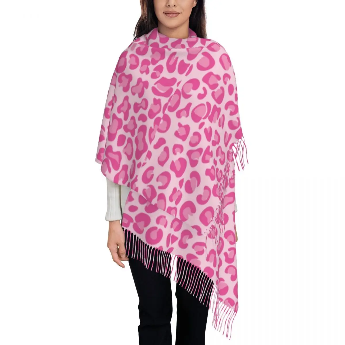 Pink Leopard Scarf for Womens Winter Fall Pashmina Shawls and Wrap Cheetah Animal Cats Long Large Scarves with Tassel Daily Wear