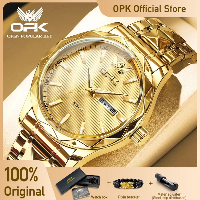 

OPK Men's Watches Casual Fashion Original Quartz Wristwatch for Man Waterproof Luminous Date Week Rhombus Stainless Steel Strap