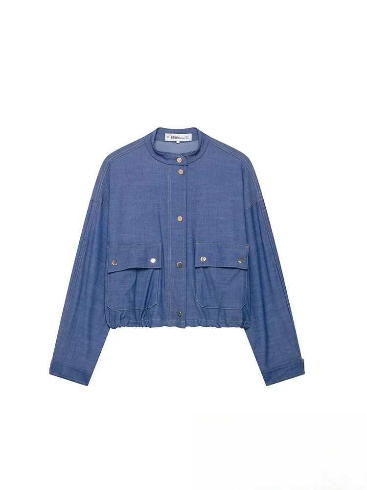 KONDALA Vintage Casual Blau Solide Oansatz Langarm Einreiher Taschen Jacken Mode 2025, Frühling Urlaub Weibliche Mäntel