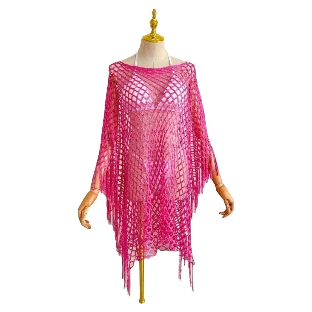Breathable Tassel Sunscreen Cover-up Loose Fit Plus Size Bohemian Shawl Casual Crochet Fishnet Swimsuit Cover Up Lady