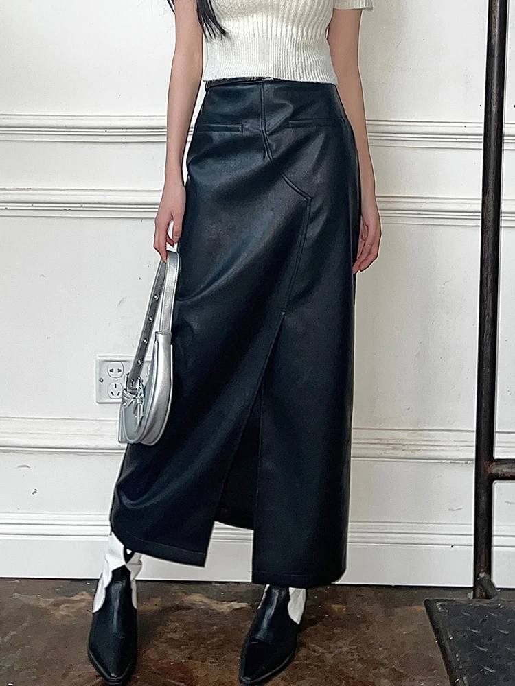 Vintage Women Leather Skirts Front Split Casual Straight Skirt With Belt PU Leather Black Skirt 2024 New Elegant Long Skirt Maxi