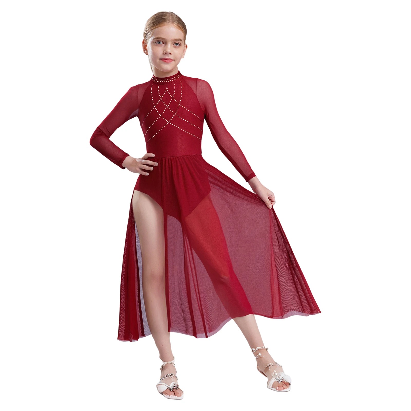 الفتيات ملابس رقص غنائية الباليه الشكل التزلج الجمباز الحديثة Dancewear لامعة الراين بقماش شفاف سبليت فستان يوتار