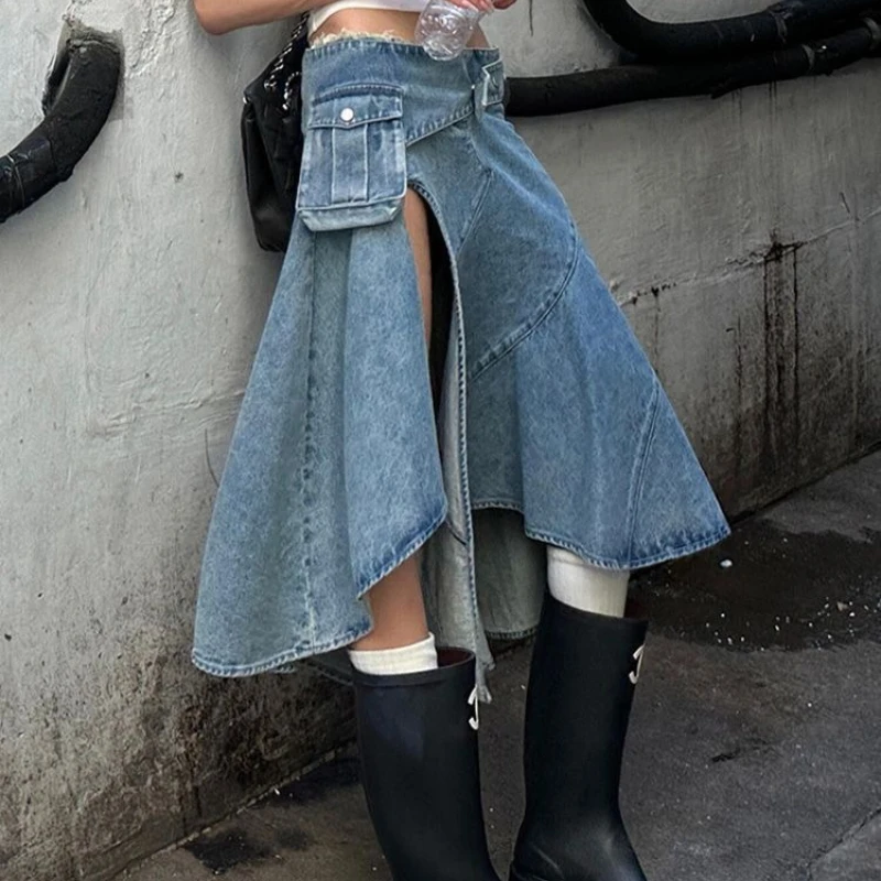 

Spicy Girl Design Sense, Slit Workwear, Women's Summer Retro Slimming Versatile Irregular Denim Skirt