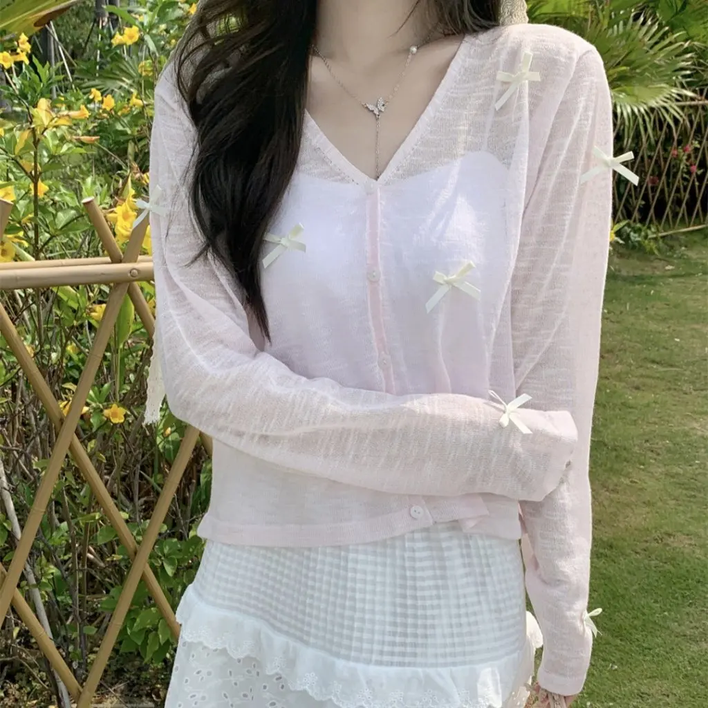 

Women's Three-Dimensional Bow Ice Silk Knitted Cardigan Summer Sun Protection Air Conditioning Shirt Outer Blouse Top Short