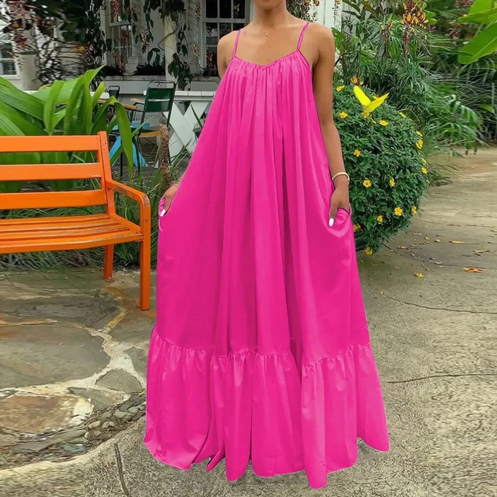 

Women Camisole Oversized Fashion Casual Solid Maxi Dresses Strap Dress Pocket Loose Backless Big Swing Solid Floor-length Robe