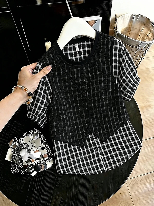 

Black White Plaid Short Sleeve Shirt Women's plus Size Anti-Aging Fake Two-Piece Korean Style Commute Wind Summer New Top
