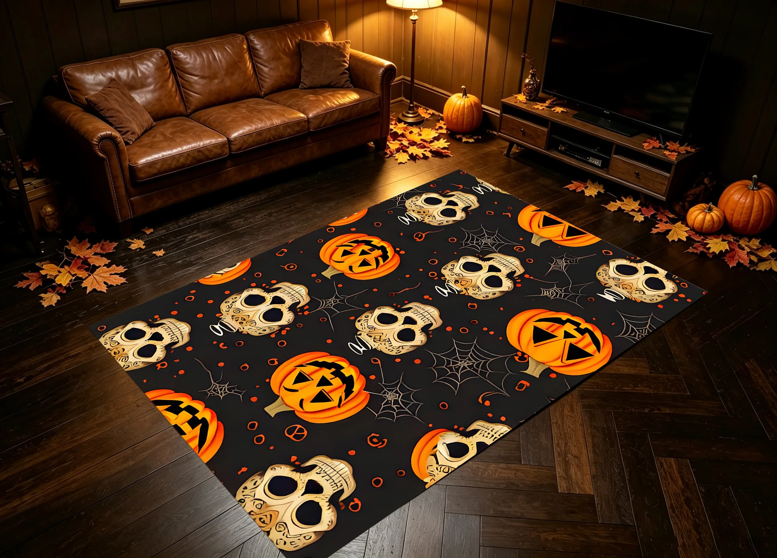 Velvet Rug Pumpkin Skull Spider Web All over Dark Quirky for Entryway Bedroom Party Decor