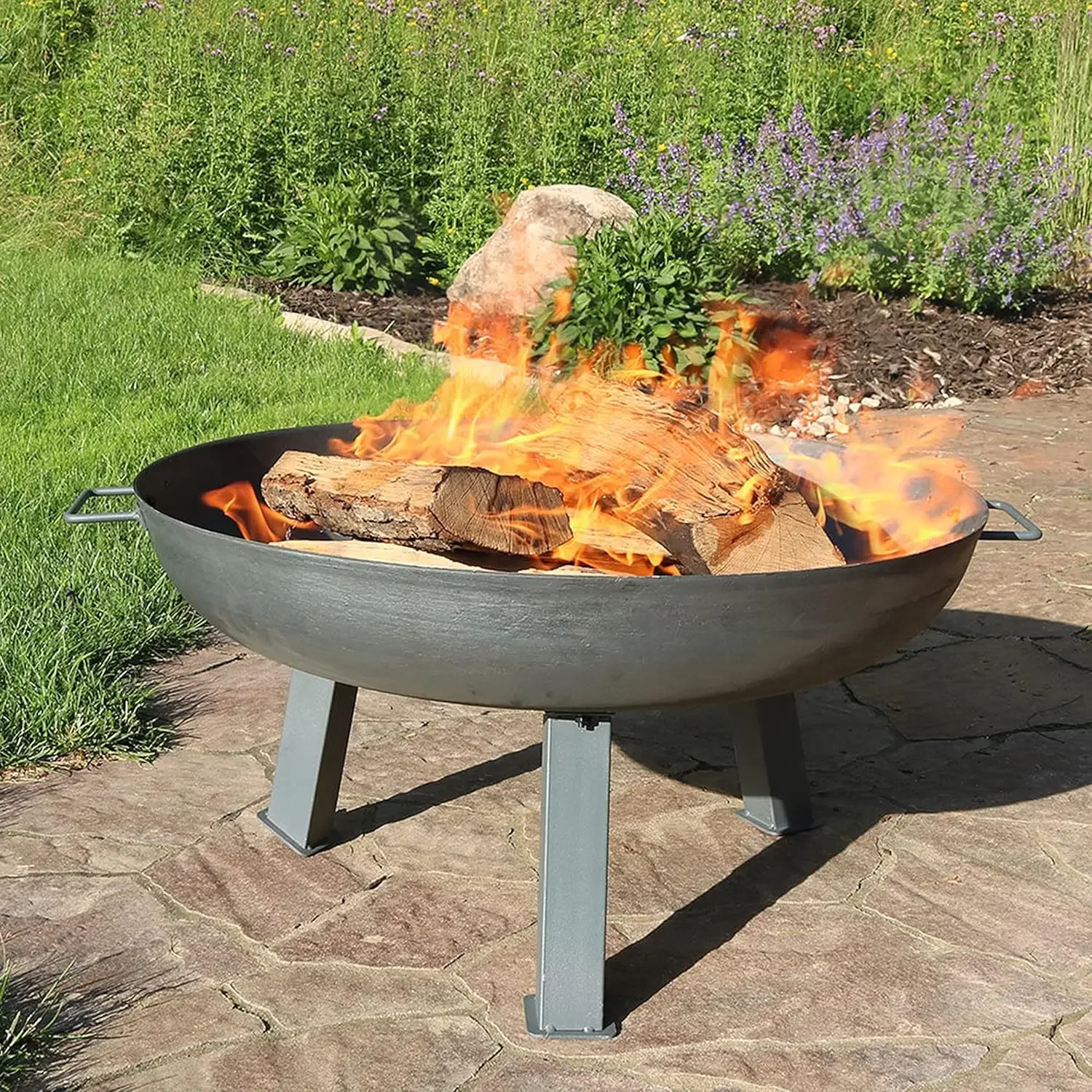 Sunnydaze 30-Inch Rustic Cast Iron Outdoor Raised Fire Pit Bowl with Handles - Steel Finish fire pit outdoor