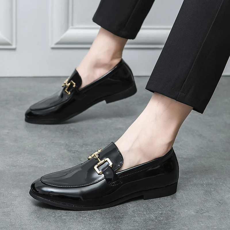 New Men\'s Wedding Shoes Black Patent Leather Formal Men Shoes Business Handmade Slip-On Loafers Size 38-46