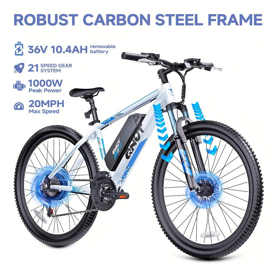 QNUT 26 Inch Adult Electric Mountain Bike, 21‑Speed Gears 1000W Peak Motor, 20MPH Max Speed E‑Bike, 36V 10.4Ah Removable Lithium Battery, Off‑Road & City Commuting Electric Bicycle for Men Women Daily Outdoor Riding image 1
