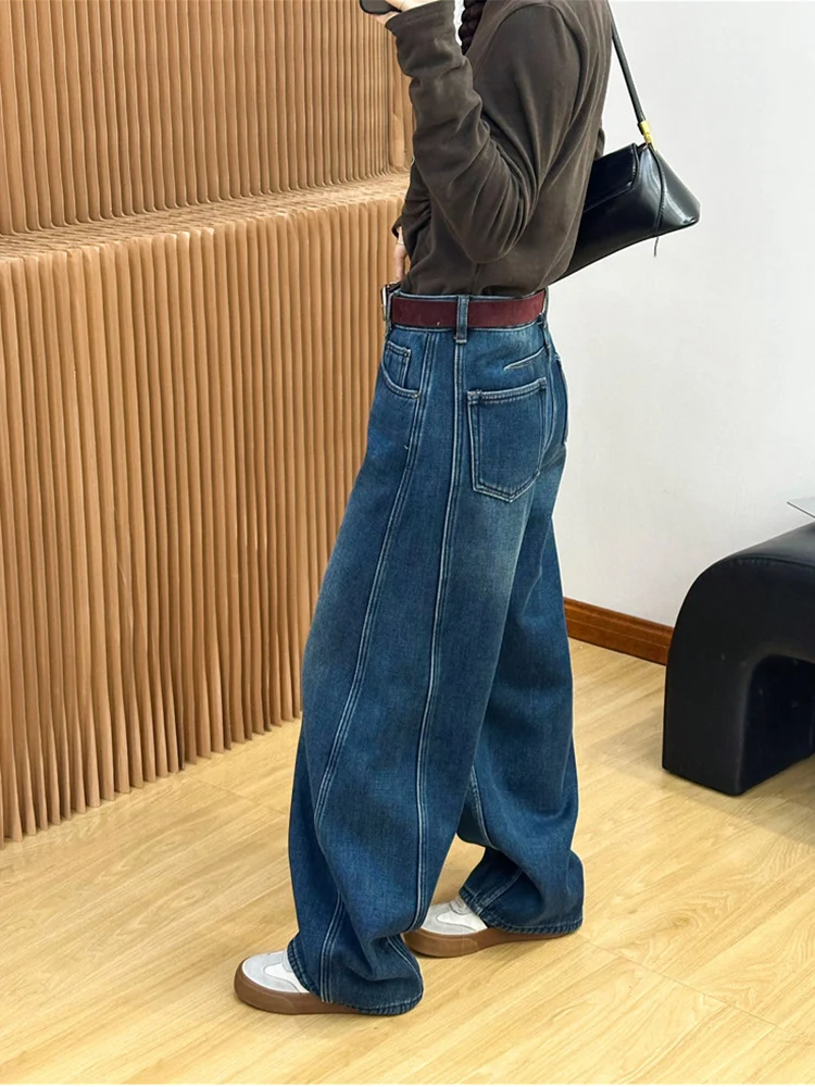 

Зимние джинсы с широкими штанинами на подкладке в стиле ретро, женские повседневные брюки прямого кроя с высокой талией для женщин