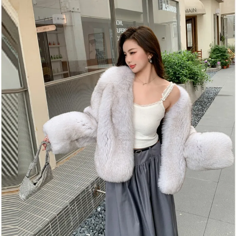 New Fashion Silver Fox Fur Jacket Women V-neck Black Real Natural Fox Whole Skin Fur Winter Thick Soft  Warm Fox Fur Jacket