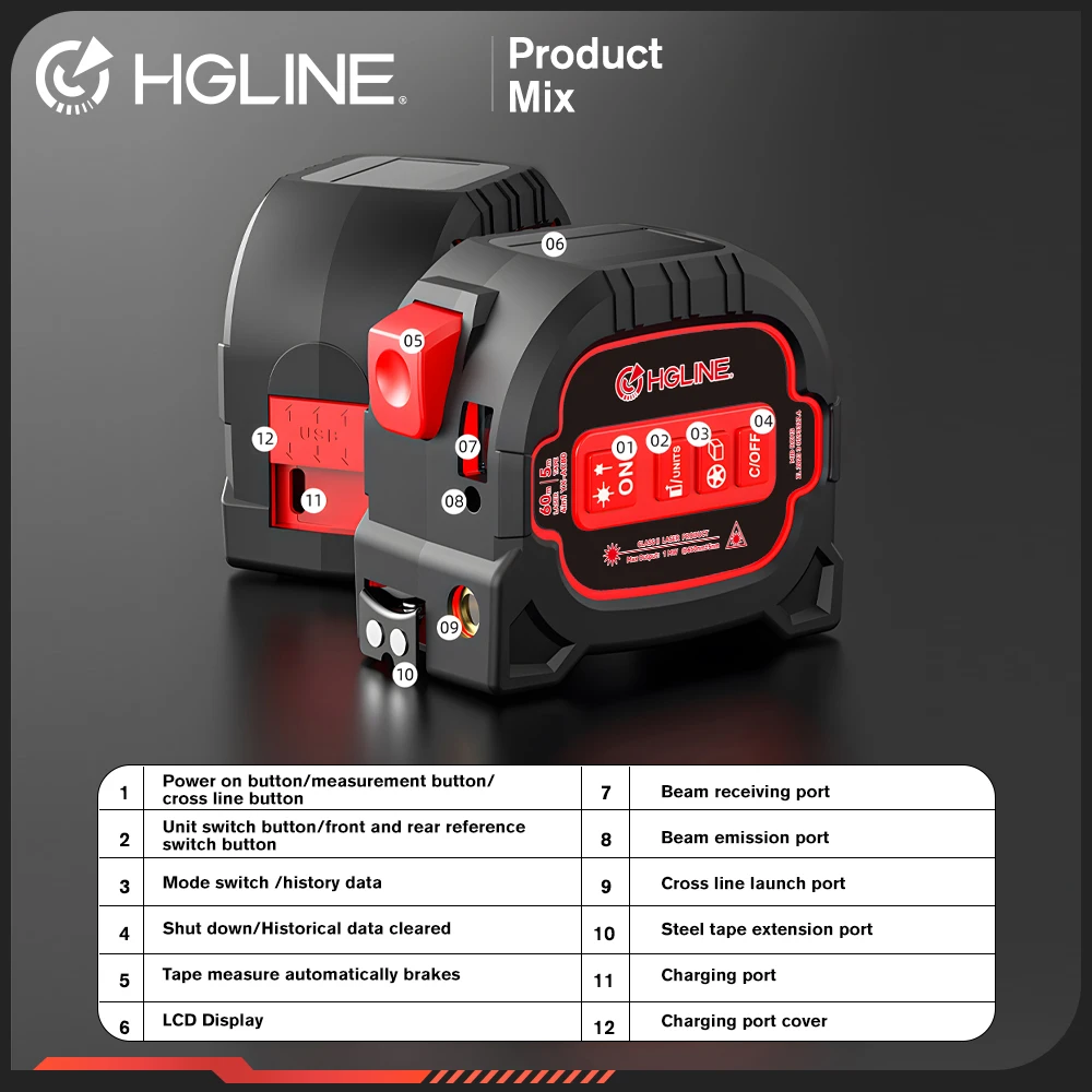 HGLINE 4 In1 60M Laser Tape Measure 5M Tape Measure Ruler LCD Power Display Electronic Ruler Laser Rangefinder Measure PowerTool