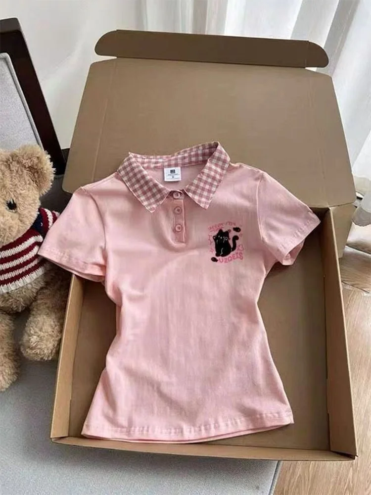 

Korean style chic plaid Polo collar slim fit short sleeved T-shirt for women's summer design, slim fit y2k top ins
