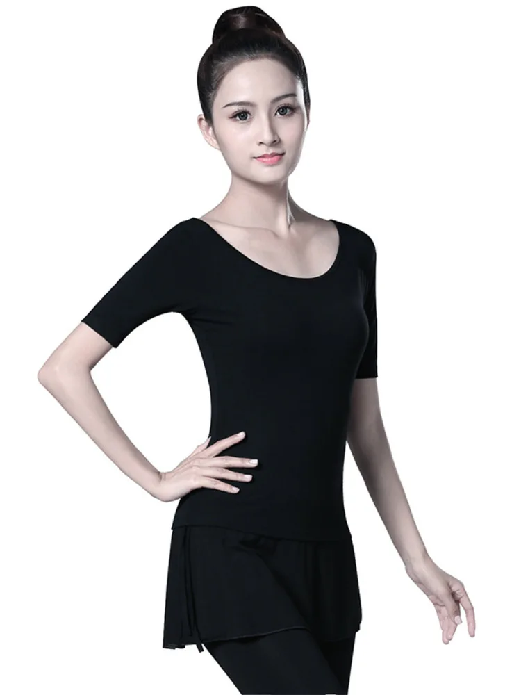 Solid Color Latin Dance Practice Ballroom Tops Competition Drawstring Costume Sports Women Waltz Classical Round Neck T-shirt