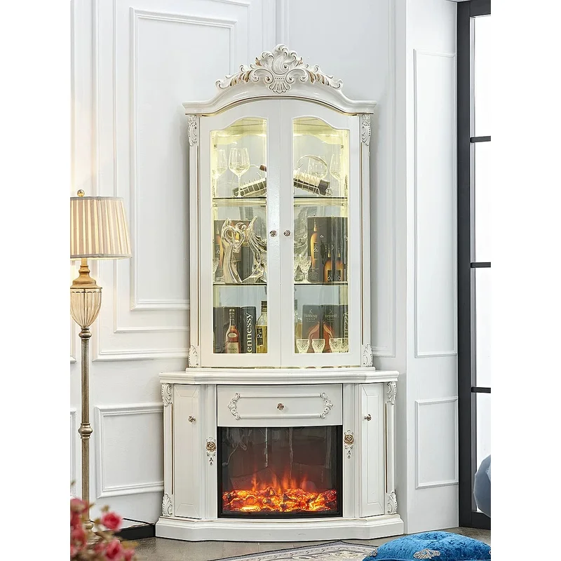 European Corner Cabinet Triangle Storage Drawer Sideboard Luxury French White Curved Bar Cabinet for Living Room