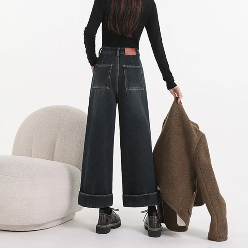 FINEWORDS Vintage Korean Casual Thicken Winter Jeans Women Warm Cashmere Jeans High Waist Wide Leg Baggy Harajuku Jeans