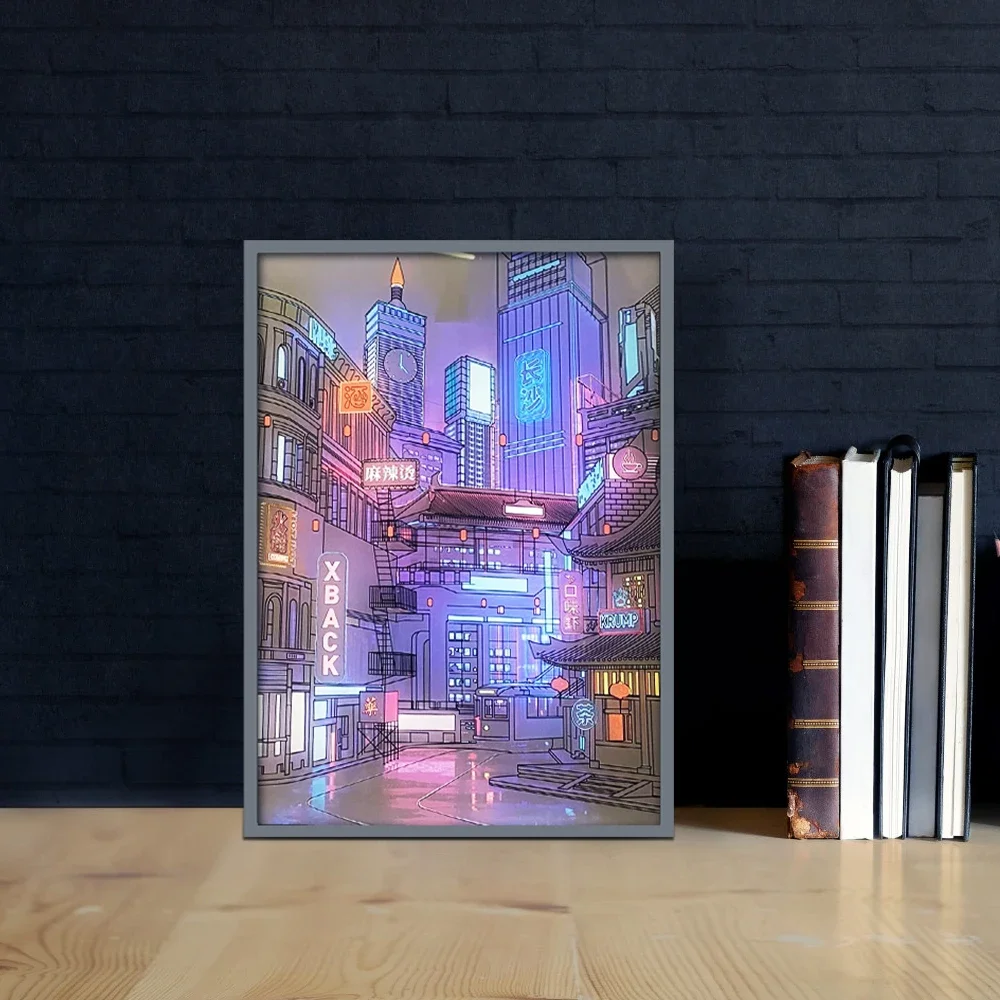 Anime LED Beautiful City Night View Light Painting,HD Picture Narrow Bezel USB Plug Dimming Romantic Home Decorations Night Lamp - view 3