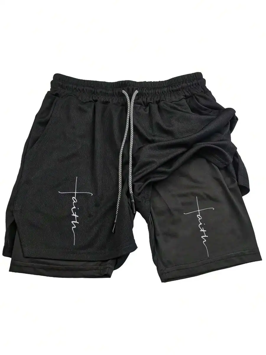 

Mens Black Faith Cross Print Double Layer Shorts Casual Sport Fitness Loose Fit