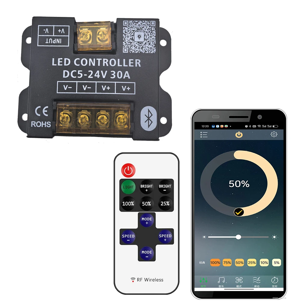DC5v12v24V 30A 360W Mobile phone app Bluetooth connection LED Strip Controller dimmer With RF Touch Remote Use For  LED Light
