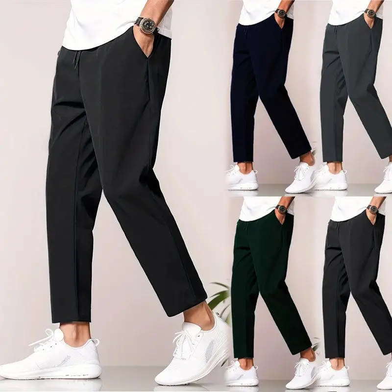 

Ice Silk Men's Casual Pants mid Waist Zipper Closure Straight Leg Large Size Bla Luxury Cusized Long Trousers