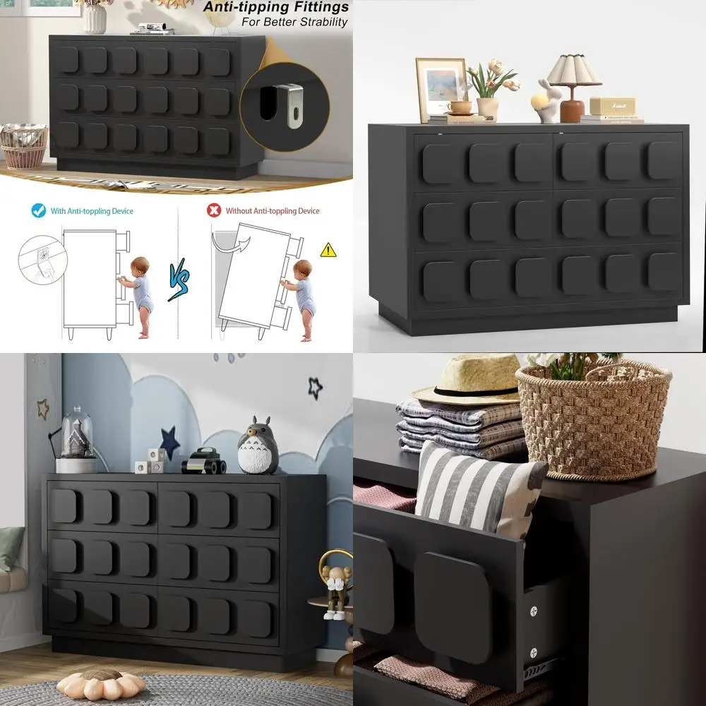 

Черный комод или тумба для хранения вещей в спальне с 6 ящиками, квадратные ручки, для детской и комнаты ребенка