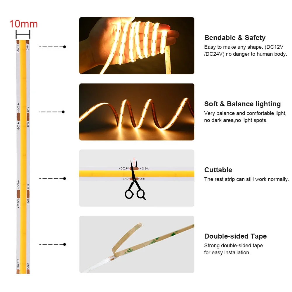 Linear Dimmable COB LED Strip Light 10mm 528LEDs Flexible LED Tape Ribbon RA90 For Room Decor 3000K 4000K 6500K Lighting 12V 24V