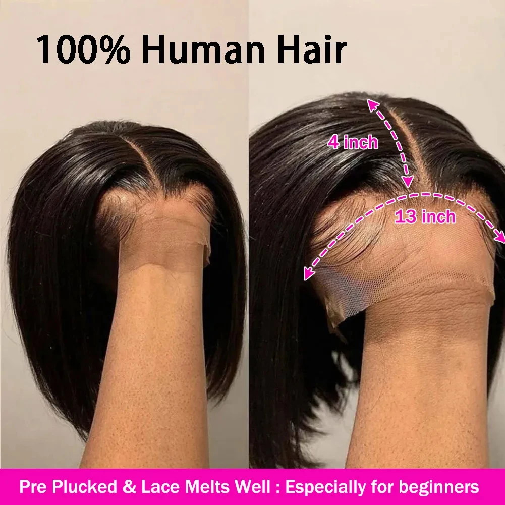 Peruca reta de osso curto para mulheres, perucas com renda, cabelo humano brasileiro, pré-arrancado, peruca frontal de renda 13x4 HD, fechamento 4x4