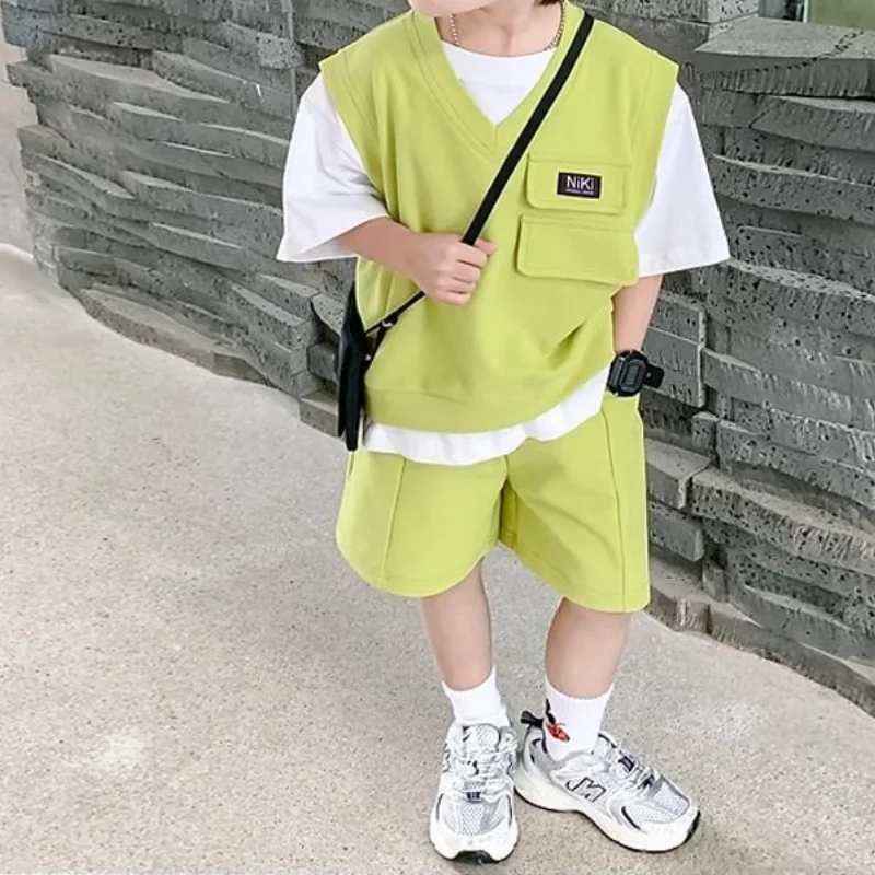 Boys Clothing Summer 2023 New Children Fashion Short Sleeve Casual Handsome Solid Color Cotton Round Neck Fake Two Pieces Sets