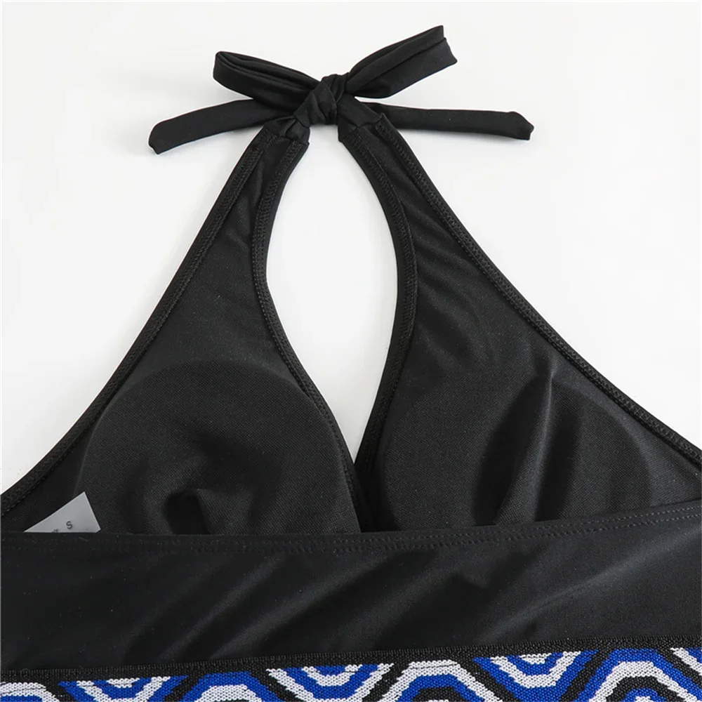 Biquíni geométrico vintage de cintura alta, decote em v, halter, bandagem, maiô tropical, feminino, 2 peças, praia brasileira