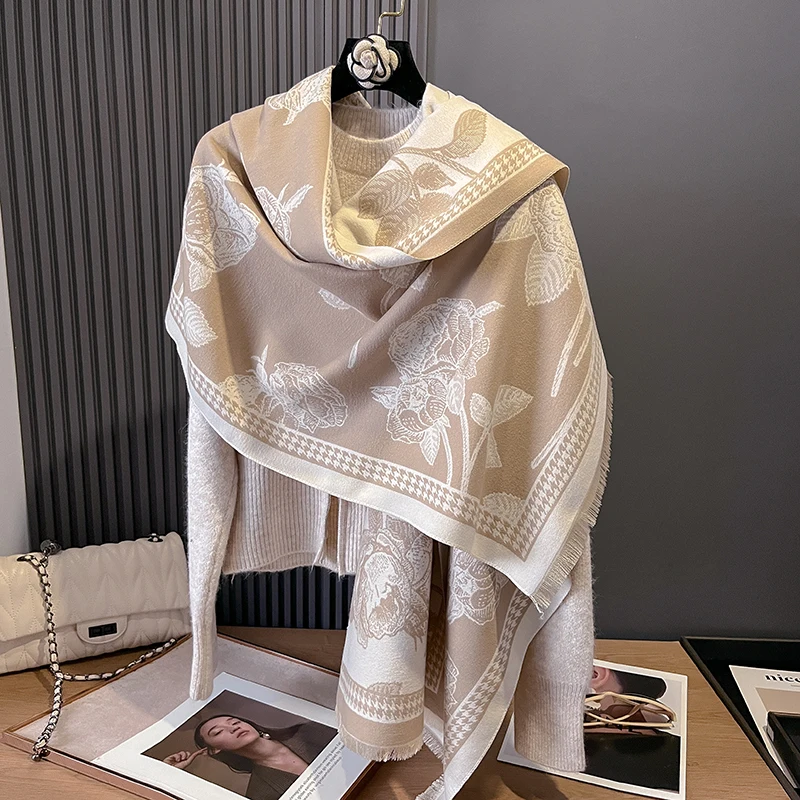 New Luxury Winter Rose Two-Sided Cashmere Jacquard Scarves High Quality Women Thicken Wrap Shawl Ladies Wool Pashmina Scarf