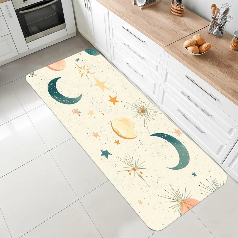 Dark Lunar Phase Moon Fern Leaf Runner Rug Celestial Star Botanical Print Non Slip Floor Mat for Hallway Entry Bedroom Decor
