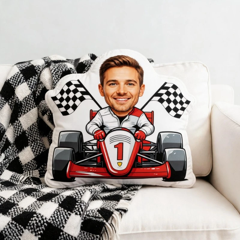 Custom Personalized Photo Racer Shaped Pillow, Smiling Face in Red Go-Kart with Checkered Flags Custom Picture Decorative Cushio