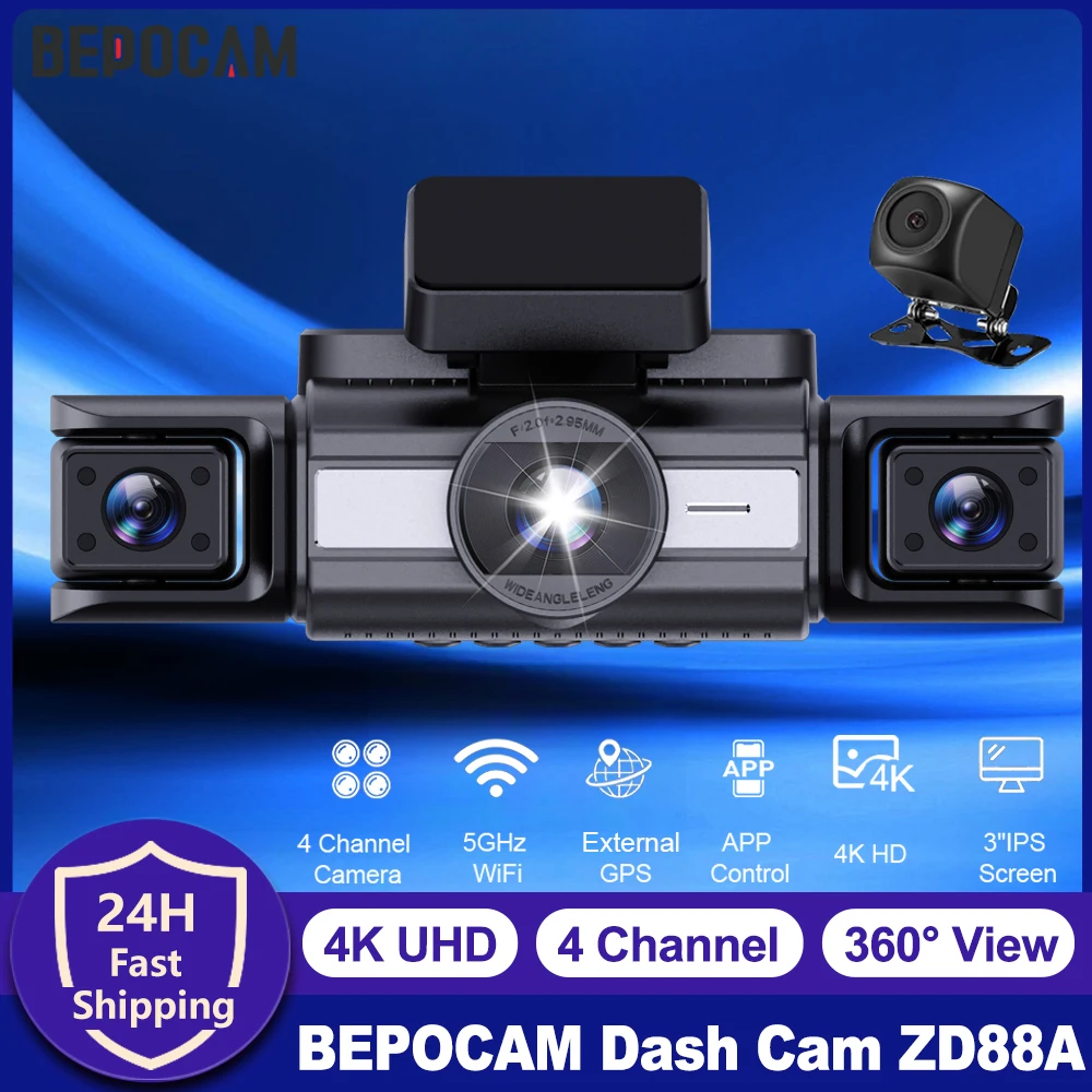 

BEPOCAM 4-канальный видеорегистратор 4K для автомобиля 360° ° Камера видеонаблюдения, 24 часа, режим парковки, GPS, Wi-Fi и управление через приложение, видеорегистратор, ночное видение ZD88A