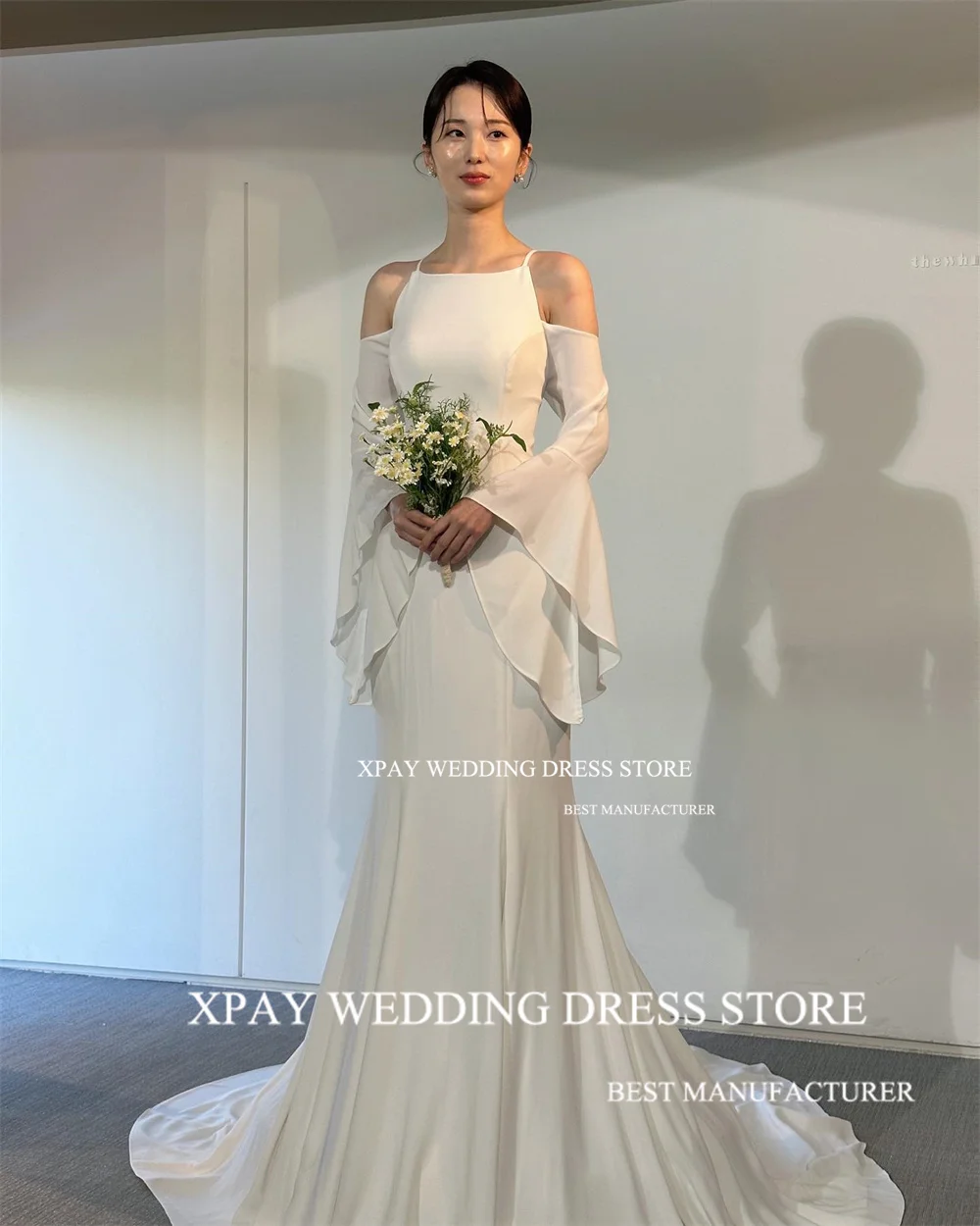 XPAY Simple O Neck Mermaid Korea Wedding Dresses Elastic Satin Long Puff Sleeve Bridal Gown Photos Shoot Open Back Bride Dress