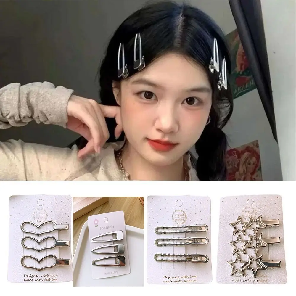 

3Pcs/Set Metal Y2k Silver Star Hair Clip Silver Cool Punk Barrettes Heart Metal Hairpins Hair Clip Duckbill Clamp