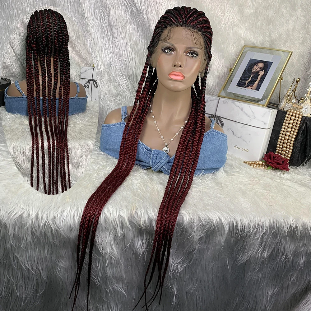 

30 Inch Synthetic Wigs Box Braided Wigs for Black Women Black Mix Burgundy Braided Wig Heat Resistant Fiber Micro Braided Wigs