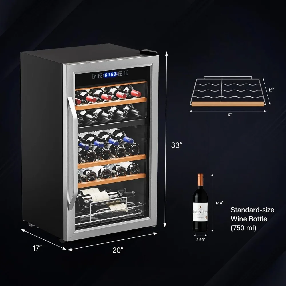 Cooler de Vinho de Duas Zonas para 33 Garrafas 41-64 ° Frigobar Independente com Compressor, Controle Digital, Porta de Vidro, Vermelho, Branco, Champanhe, Personalizável