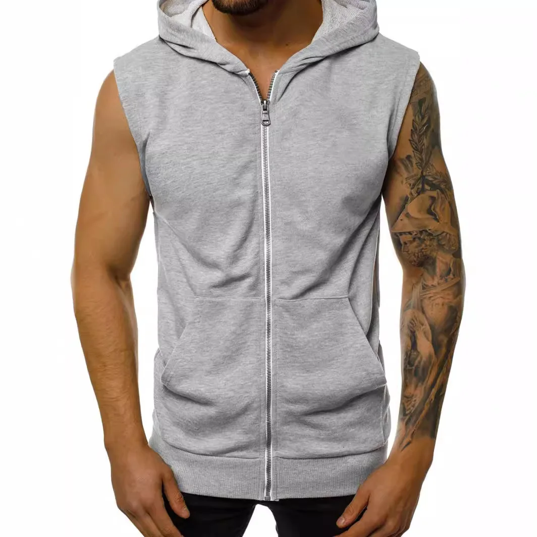 Summer New Fashion Men's Traning Sports Solid Color None Sleeved Hooded Cardigans Trendy Casual Grey Zipper Vests Streetwear