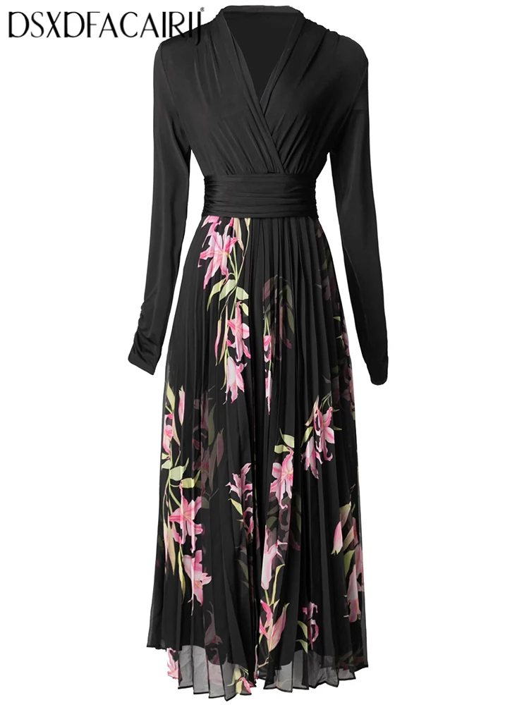 

DSXDFACAIRIJ Women's V-Neck Long Sleeve Dress Elegant Floral Print Pleated Party Gown for Spring Fashionable Female Attire