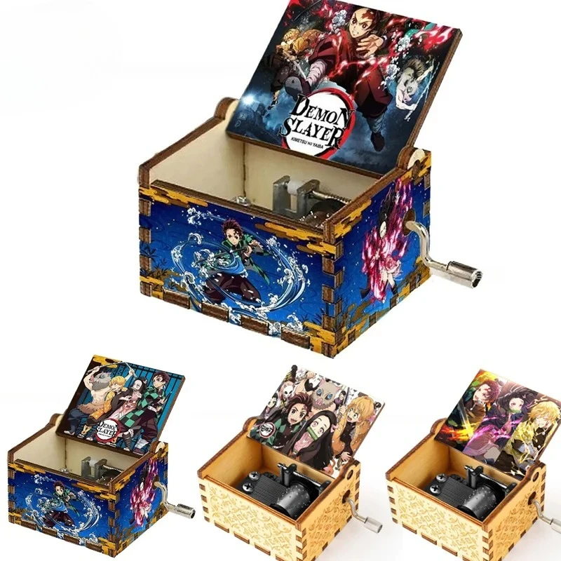 

Anime Demon Slayers Creative Cartoon Wooden Hand Cranked Music Box Carving UV Color Printing Exquisite Wooden Music Box Ornamen