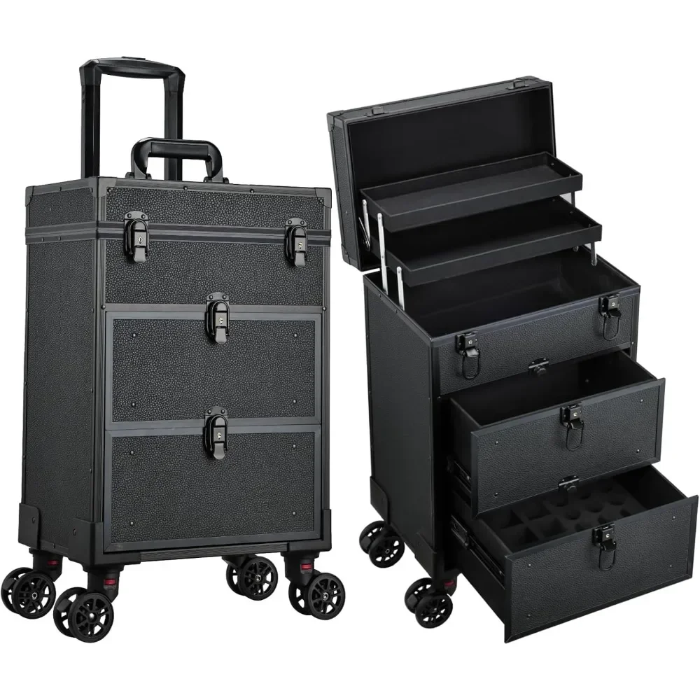 Rolling Makeup Train Case with 2 Extra Large Drawers Nail Organizer Case with Wheels with 2 Trays Traveling Cosmetology Case