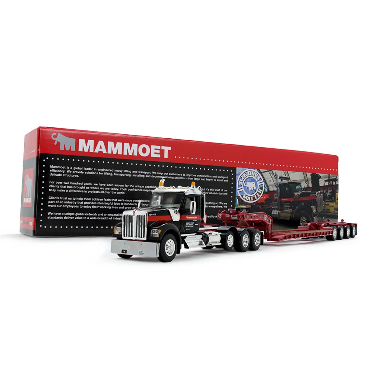 DCP FG Mammoet Kenworth W990, cabina de día y Fontaine Magnitude, remolque Lowboy de tres ejes con cola abatible, modelo de coche fundido a presión