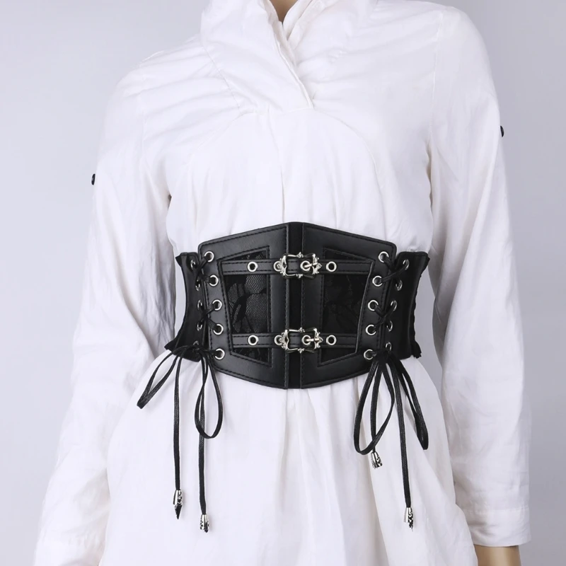 

Women Black Wide Cropped Top Lace Elastic Corset Belt Flouncing Waspie