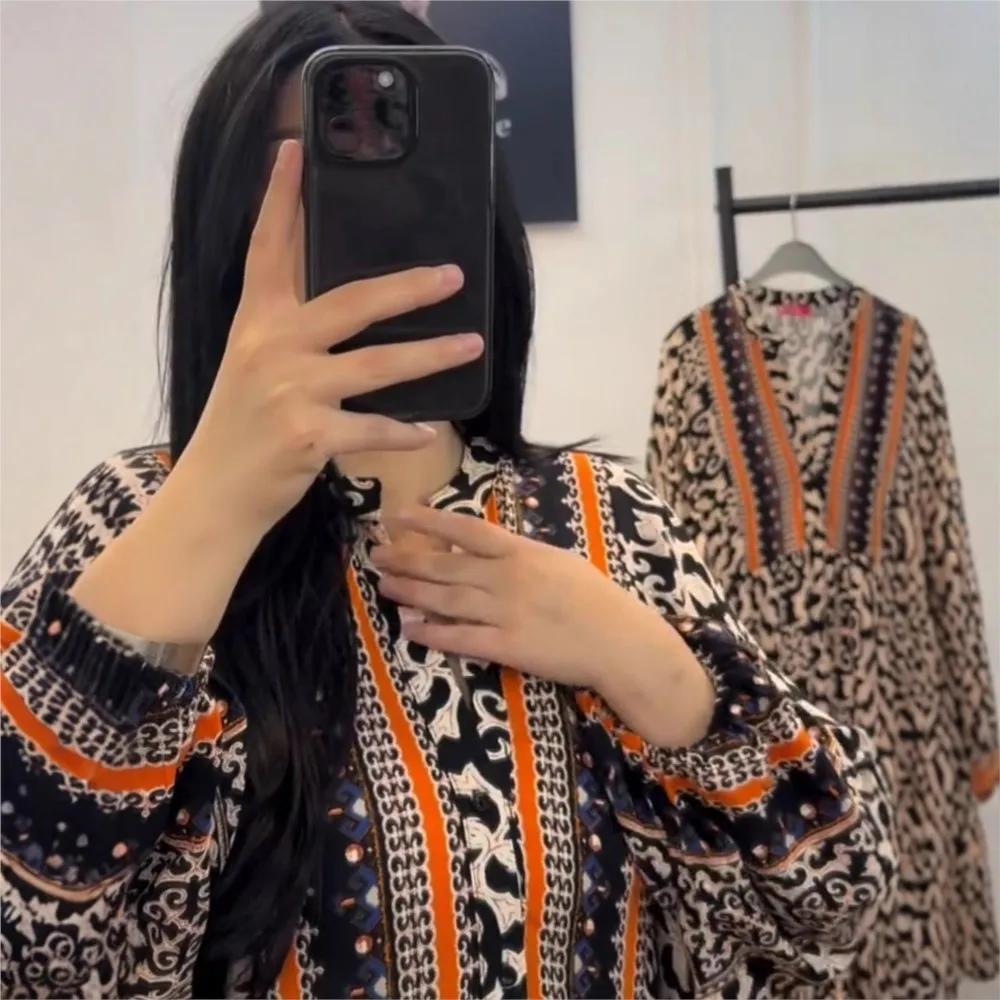 Vestido largo holgado de manga larga con cuello en V, elegante y a la moda, vestido largo informal estampado a la moda de otoño para mujer, vestido con patrón 2025