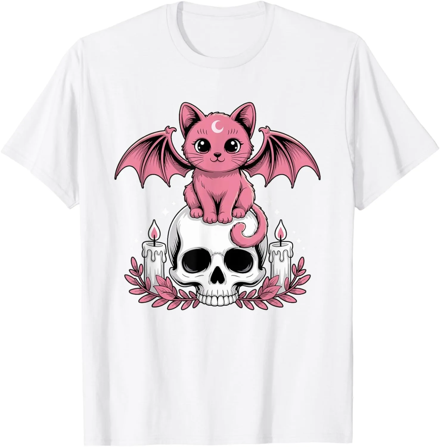 Kawaii Pastel Goth Cute Creepy Cat Bat Skeleton T-Shirt Print Original Design Gifts T Shirts Mens Clothing Camisas Streetwear