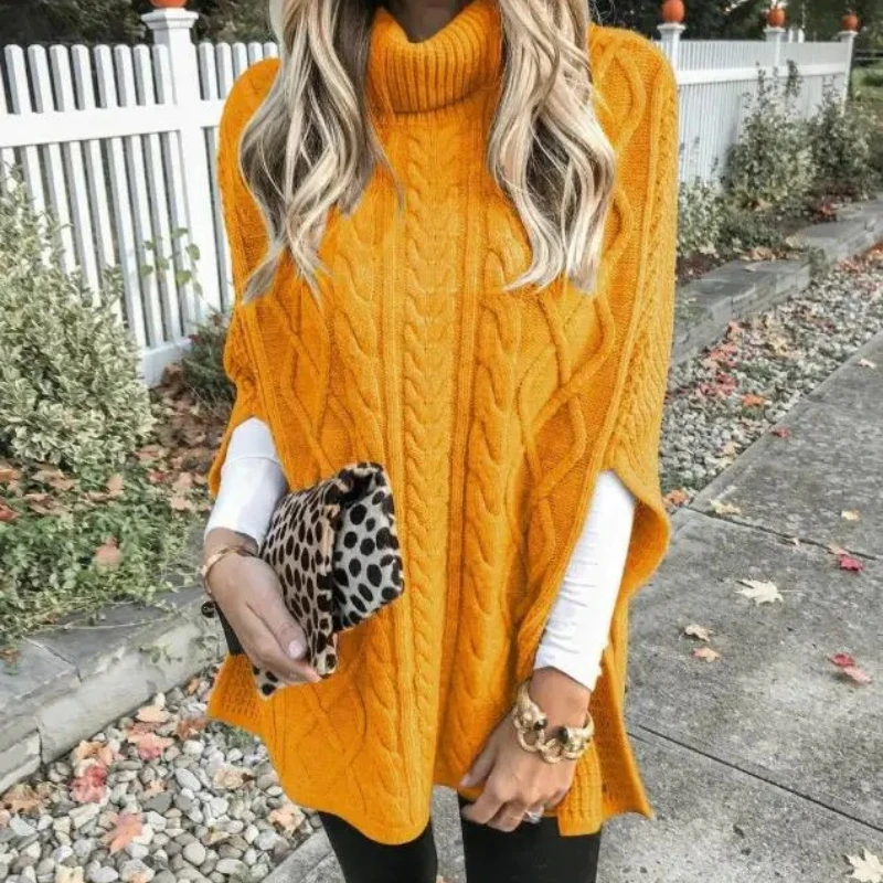 

Autumn and Winter Women's Knitting High Neck Fried Dough Twists Knot Bat Sleeve Split